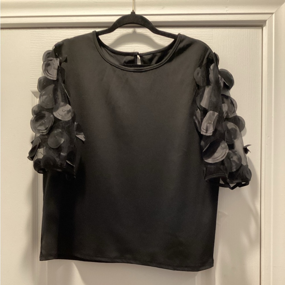 Women's Black Puff Sleeve Top with Sheer Appliqué Sleeves